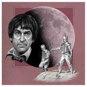 May include: A digital illustration depicting a portrait of a man with dark hair and a bow tie, two silver robots, and a large moon. The artwork is set against a pink background with geometric shapes, evoking a science fiction theme.