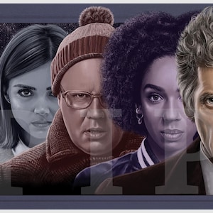 May include: A digital illustration featuring four individuals arranged in a row. From left to right, a person with dark hair, a person wearing glasses and a knit beanie, a person with dark curly hair, and a person with gray hair in a suit.
