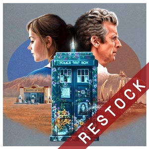 May include: An artistic illustration featuring a blue Police Box with floral accents, flanked by two people. The Police Box has the words "POLICE PUBLIC BOX" on top. The background includes a desert landscape and a building with the words "SNACKS AND GAS". A red diagonal banner reads "RESTOCK".