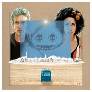 May include: A blue police box, also known as a TARDIS, stands in a field of tall grass. The box has a sign that reads "Police Public Call Box". Behind the box, a futuristic city is visible through a blue, translucent panel. Two figures, a man and a woman, are partially obscured by the panel. The panel has a smiling face drawn on it with two skull-shaped eyes.