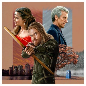 May include: A digital art print featuring three figures: a woman in a red dress, a man with a bow and arrow, and a man in a blue coat. The background includes a castle, a tree, and a blue police box.