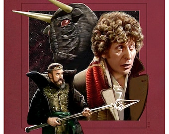 Doctor Who Print - The Horns of Nimon | 148mm square | 4th Doctor | Tom Baker | Romana | K9