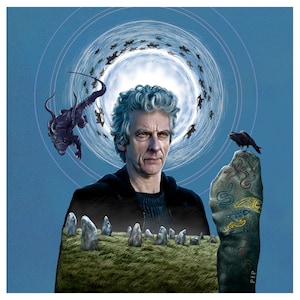 May include: Digital art featuring a man with silver hair, a black jacket, and a serious expression. A dark creature and a raven are present. A stone with colorful carvings and a field of standing stones are also depicted against a blue background.