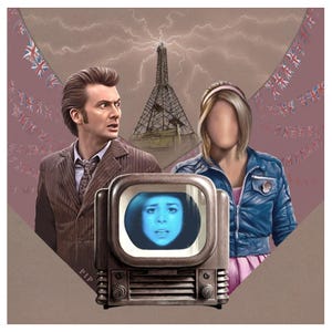 Peut inclure: Un téléviseur vintage avec un écran bleu montrant le visage d'une femme. Le téléviseur est devant deux personnes, l'une portant un costume et l'autre une veste bleue. L'arrière-plan est de couleur rose et gris avec une tour au loin.
