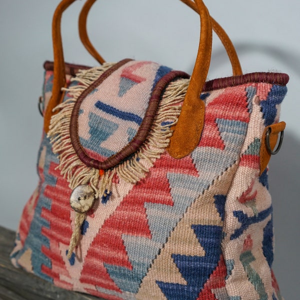 Hand Woven Antique Rug and Leather Combination Boho Style Crossbody Bag || Ethnic Shoulder Bag