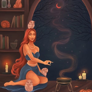 Witchy Art Print: Divine Feminine, Owl Drawing, Wiccan Altar Decor