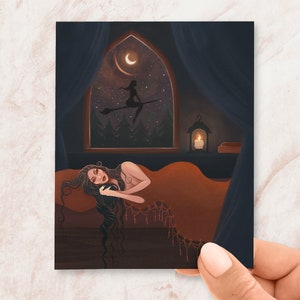 Witch Card Print, Wicca Altaar Mini Print, Occult Decor, Mystieke Platte Kaart, Goddelijke Vrouwelijke Illustratie