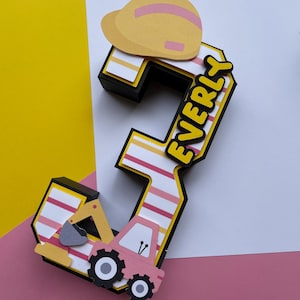 3D-letter bouw, decor bouwmeisje, 3D-nummer graafmachine, roze bouwvrachtwagenfeest, bouwfeest, thema bouwfeest