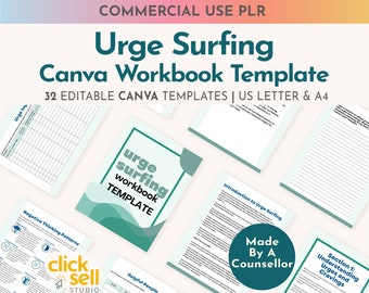PLR Urge Surfing Workbook Editable Canva Template Commercial Use DBT-inspired Workbook for Printable Product Resellers Coaches & Therapists