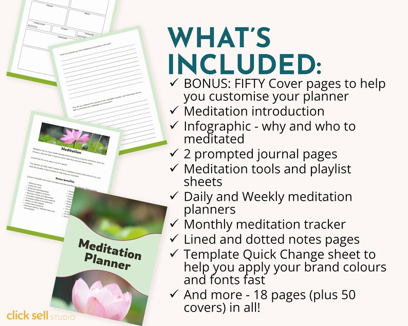 May include: A printable meditation planner with a pink lotus flower on the cover. The planner includes 18 pages and 50 customizable cover pages. The text "Meditation Planner" is printed on the cover.