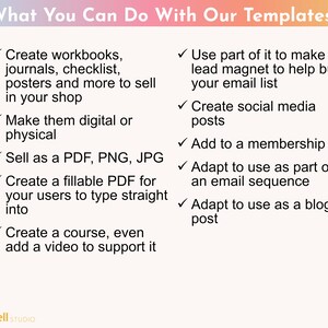 May include: A list of ways to use digital templates, including creating workbooks, journals, checklists, posters, lead magnets, social media posts, and more. The text also mentions selling the templates as PDFs, PNGs, and JPGs, as well as creating fillable PDFs and courses.