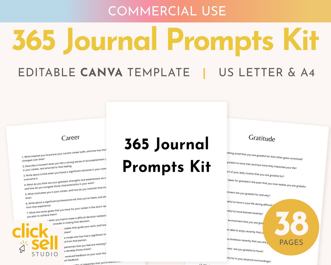 365 Prompts Canva Templates: Editable Writing Journal for Self Care - 8.5 x  11 inches