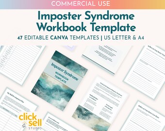 May include: A teal and blue watercolor design with the text "Imposter Syndrome Workbook Template" and "47 Editable Canva Templates | US Letter & A4". The image shows several pages of a workbook with titles such as "My Skill Development Plan", "The Real Life Impacts of Imposter Syndrome", and "Building Bridges for Confidence".