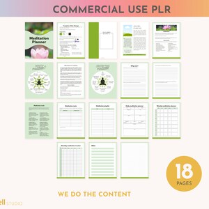 May include: A green and white printable meditation planner with 18 pages. The cover features a pink lotus flower and the text "Meditation Planner".
