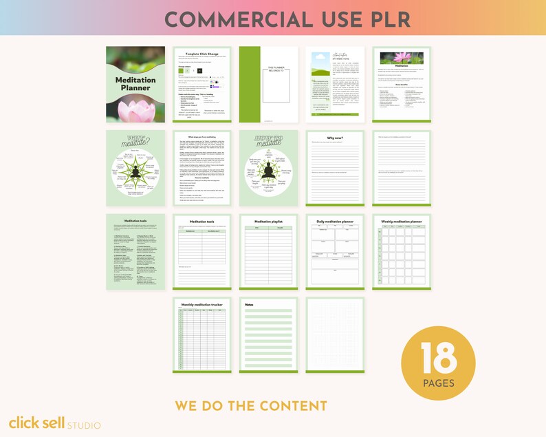 May include: A green and white printable meditation planner with 18 pages. The cover features a pink lotus flower and the text "Meditation Planner".
