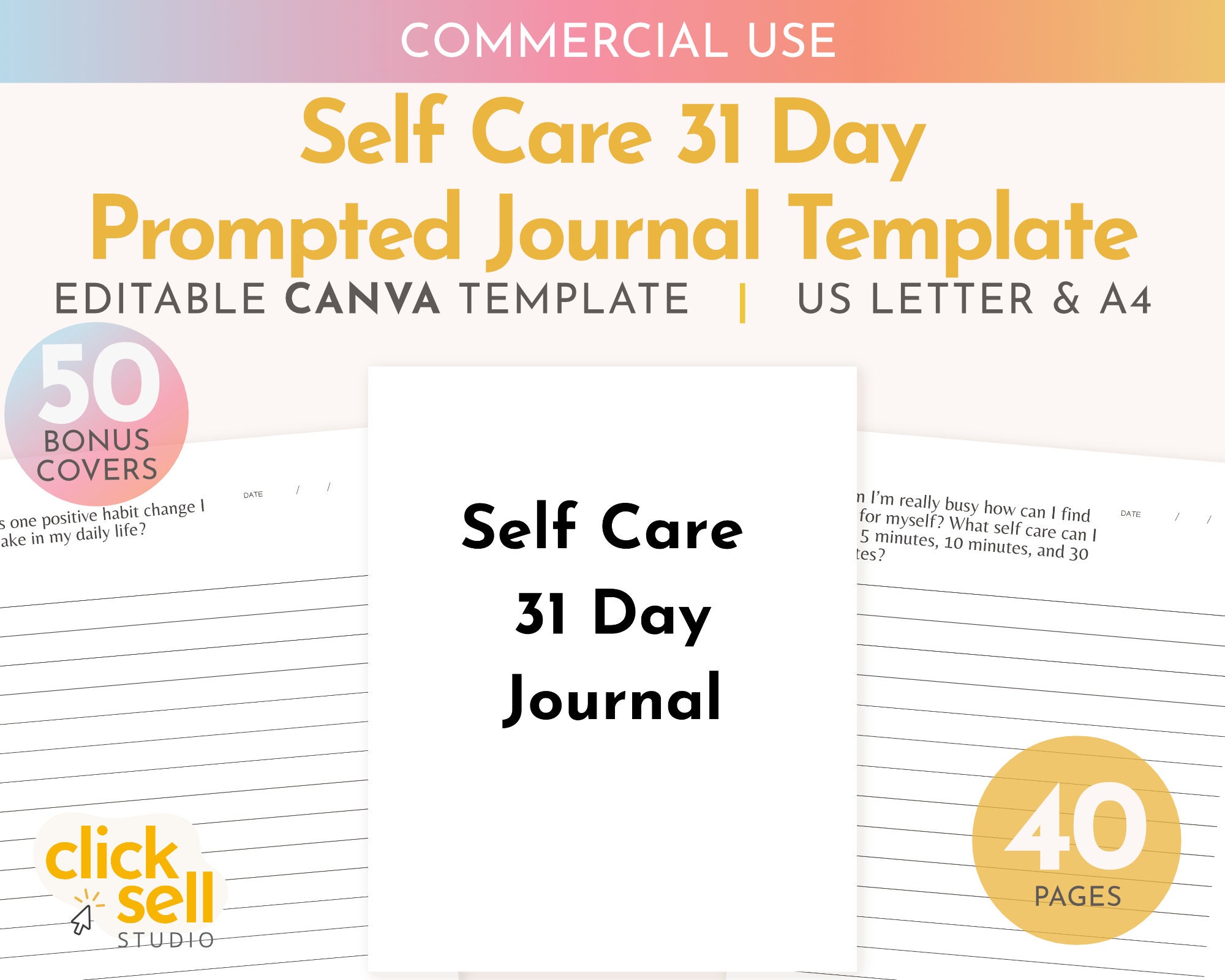 Self Care 31 Day Journal Editable Canva Template COMMERCIAL - Etsy