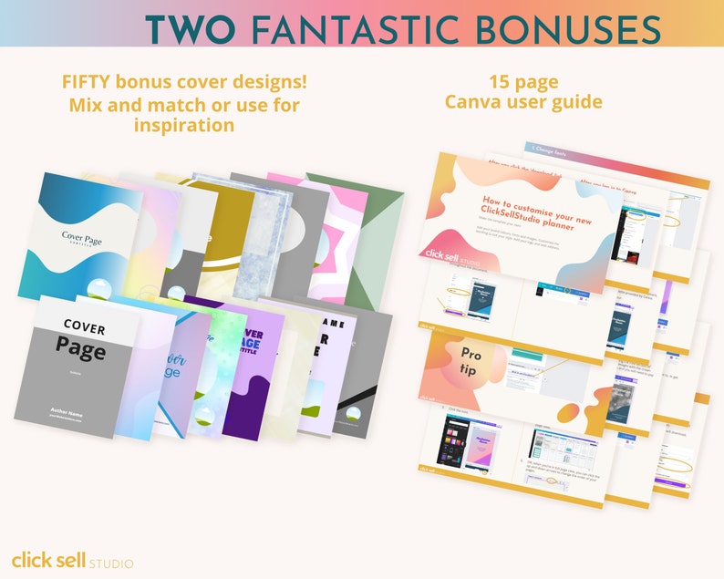 Pode incluir: Dois conjuntos de recursos digitais para criar um planejador. O primeiro conjunto inclui 50 designs de capa coloridos. O segundo conjunto &eacute; um guia do usu&aacute;rio do Canva de 15 p&aacute;ginas com instru&ccedil;&otilde;es sobre como personalizar um planejador ClickSellStudio.
