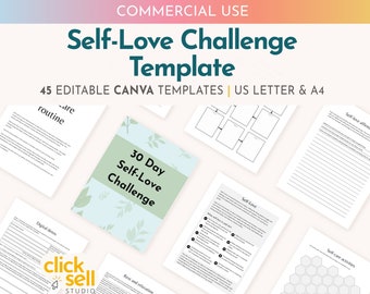 May include: A set of 45 printable self-love challenge templates in black and white. The templates are designed for use with Canva and are available in US Letter and A4 sizes. The templates feature a variety of prompts and activities to help you practice self-care and self-love.