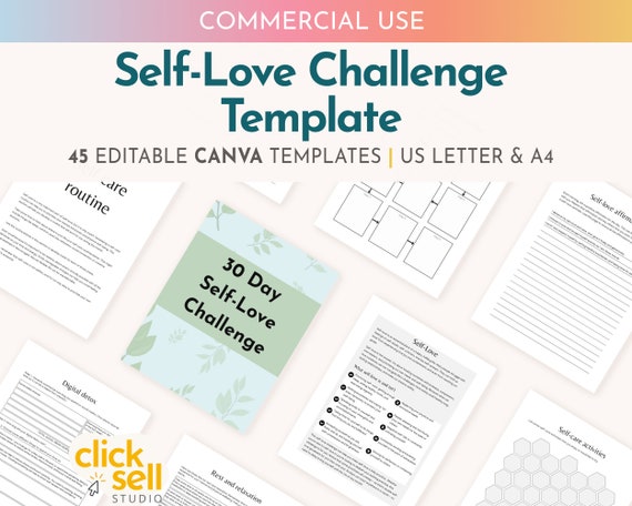 Self Love Challenge Canva Template: 30 Day Planner (Commercial Use) (Digital Download)
