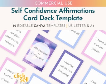 Confidence Affirmation Card Deck: 32 Editable Canva Templates (Commercial Use)