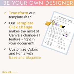 Peut inclure: Un graphique avec une coche jaune et le texte "Transformer notre mod&egrave;le rapidement". Le graphique comprend &eacute;galement le texte "Notre mod&egrave;le Click Change tire le meilleur parti de la fonction de changement global de Canva - directement dans votre document !" et "Personnaliser les couleurs et les polices avec facilit&eacute; et &eacute;l&eacute;gance". Le graphique comprend &eacute;galement une capture d'&eacute;cran d'un mod&egrave;le Canva avec le texte "Template Click Change" et des instructions sur la fa&ccedil;on d'utiliser le mod&egrave;le.