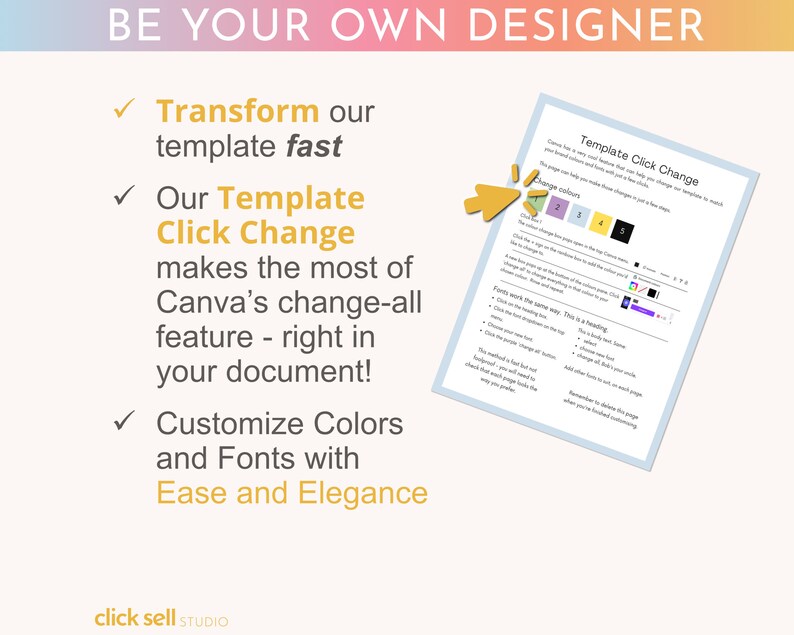 Peut inclure: Un graphique avec une coche jaune et le texte "Transformer notre mod&egrave;le rapidement". Le graphique comprend &eacute;galement le texte "Notre mod&egrave;le Click Change tire le meilleur parti de la fonction de changement global de Canva - directement dans votre document !" et "Personnaliser les couleurs et les polices avec facilit&eacute; et &eacute;l&eacute;gance". Le graphique comprend &eacute;galement une capture d'&eacute;cran d'un mod&egrave;le Canva avec le texte "Template Click Change" et des instructions sur la fa&ccedil;on d'utiliser le mod&egrave;le.