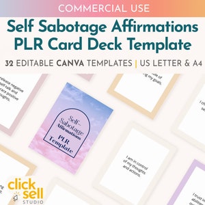 Plantilla de mazo de cartas de afirmaciones de autosabotaje con derechos de uso comercial PLR editables en Canva para revendedores y entrenadores