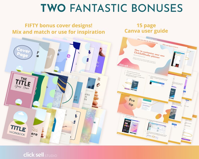 Peut inclure: Un ensemble de 50 designs de couverture color&eacute;s et un guide d'utilisation Canva de 15 pages. Les designs de couverture pr&eacute;sentent diverses couleurs, motifs et textes. Le guide d'utilisation comprend des instructions sur la fa&ccedil;on de personnaliser un planificateur ClickSellStudio.