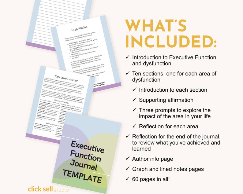 Peut inclure: Un mod&egrave;le de journal imprimable pour travailler sur les fonctions ex&eacute;cutives. La couverture pr&eacute;sente un fond bleu clair avec un motif circulaire dans des tons de jaune, vert et orange. Le texte "Executive Function Journal Template" est &eacute;crit en noir.