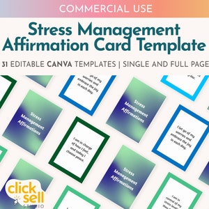 Tarjetas de afirmación de manejo del estrés Plantilla Canva editable / Uso comercial / Descarga digital instantánea / Afirmaciones diarias para aliviar el estrés
