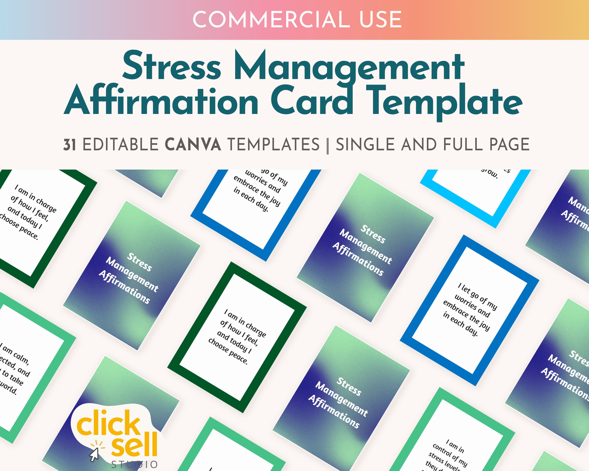 Stress Management Affirmation Cards Editable Canva Template Commercial ...
