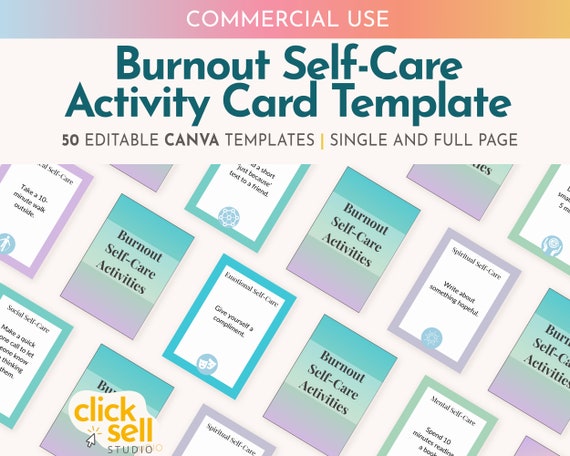 Burnout Self-Care Activity Cards: 50 Canva Templates (Digital Download)