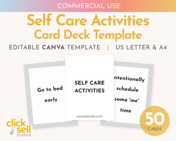 Self Care Activities Card Deck: Editable Canva Template (Commercial Use)