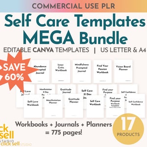 Self Care MEGA bundle with workbooks, planners, and journals | Commercial Use | Instant download digital template | customisable templates