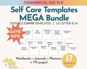 May include: A digital product bundle of 17 self-care templates for Canva. The bundle includes workbooks, journals, and planners, with a total of 775 pages. The image features a colorful design with a large orange star with the text "SAVE 60%" and a yellow circle with the text "17 PRODUCTS".