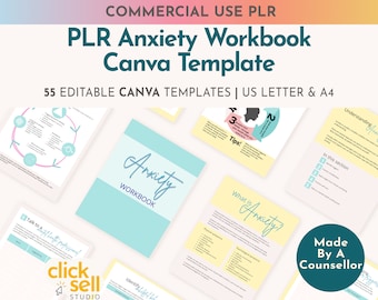 Anxiety Workbook Canva Template: 55 Editable Pages (PLR Commercial Use)
