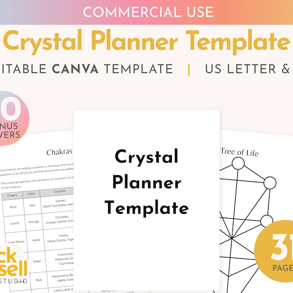 Crystal Planner Editable Canva Template | Commercial Use | Instant digital download | Crystal grids and tools for your crystal journey