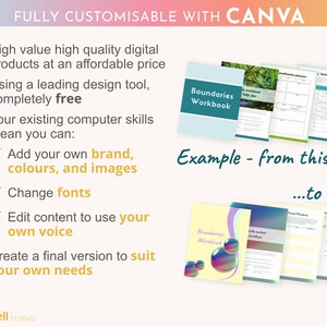 May include: A digital product design template for a boundaries workbook. The template features a teal green cover with the text "Boundaries Workbook" in white. The image shows an example of how the template can be customized with different colors and images. The text "Example - from this... to this" is also included in the image.