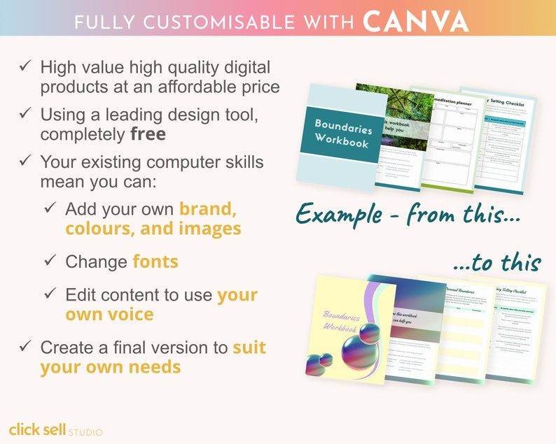 May include: A digital product design template for a boundaries workbook. The template features a teal green cover with the text "Boundaries Workbook" in white. The image shows an example of how the template can be customized with different colors and images. The text "Example - from this... to this" is also included in the image.