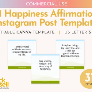 31 Happiness Affirmations Instagram post templates Editable Canva Template | COMMERCIAL USE | Boost your following with daily inspiration