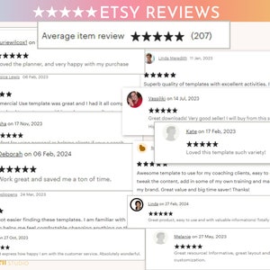 May include: A collage of Etsy reviews with five-star ratings and positive comments about the quality and value of the templates. The reviews highlight the ease of use, customization options, and the helpful customer service. The text includes phrases like "Superb quality", "Great downloads", "Loved this template", "Awesome template", "Great product", "Great resource", and "Absolutely wonderful".