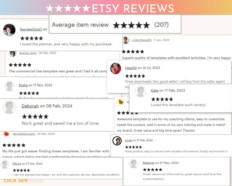 May include: A collage of Etsy reviews with five-star ratings and positive comments about the quality and value of the templates. The reviews highlight the ease of use, customization options, and the helpful customer service. The text includes phrases like "Superb quality", "Great downloads", "Loved this template", "Awesome template", "Great product", "Great resource", and "Absolutely wonderful".