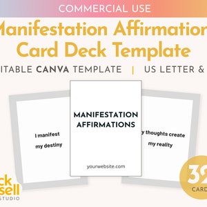 Manifestation Affirmation 32 Card Deck Editable Canva Template | COMMERCIAL USE | Standard card deck 2.5x3.5 inch customisable cards