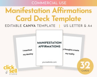 Manifestation Affirmation 32 Card Deck Editable Canva Template | COMMERCIAL USE | Standard card deck 2.5x3.5 inch customisable cards