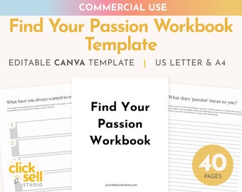 Find Your Passion Workbook Canva Template | COMMERCIAL USE | customisable workbook with prompted journal pages to help find your passion