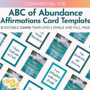 Abundance Affirmation 27 Card Deck Plantilla Canva editable / Uso comercial / Baraja de cartas estándar Tarjetas personalizables de 2.5x3.5 pulgadas