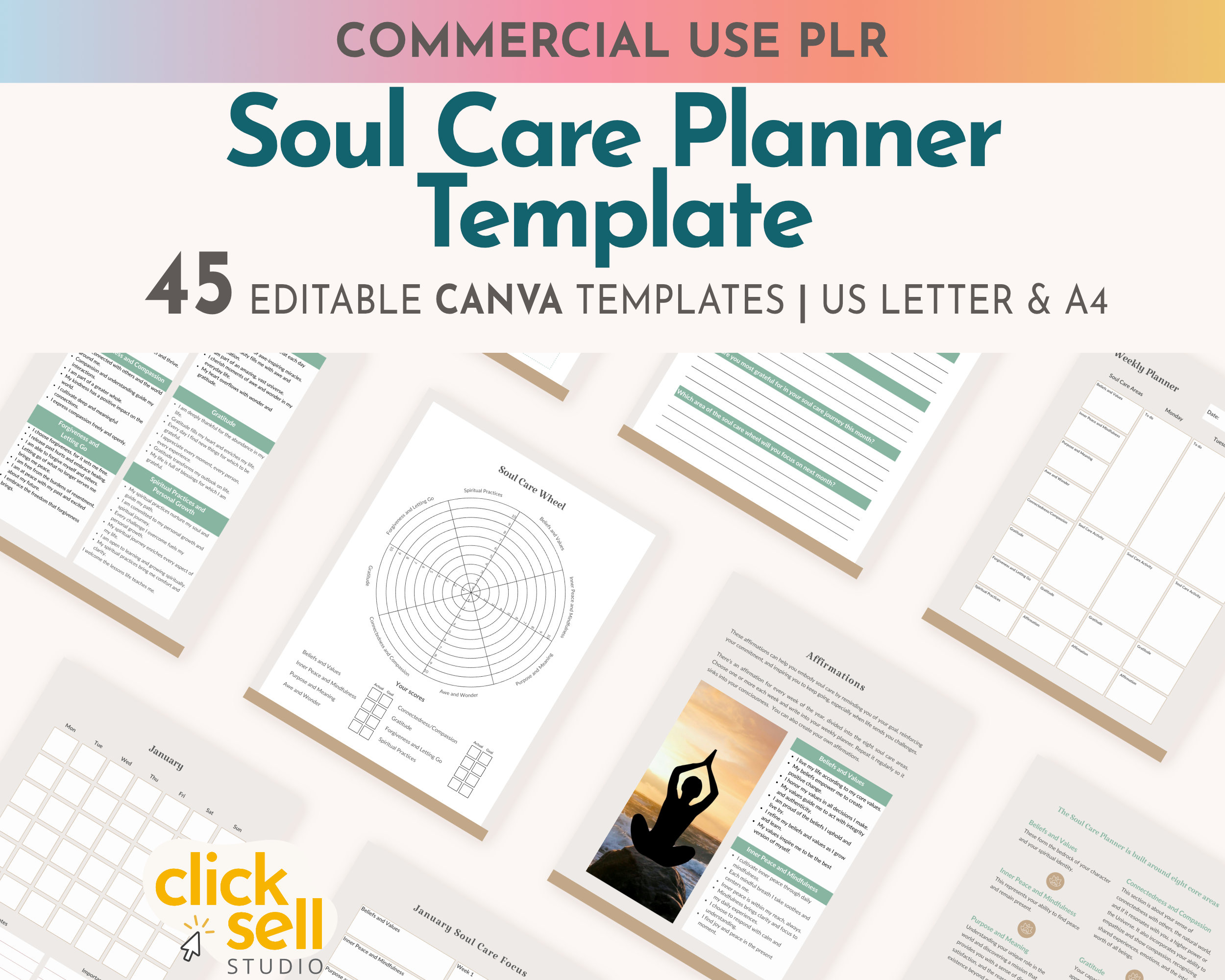 Soul Care Planner Editable Canva Template | Commercial Use | Instant digital download | Fully customisable PLR planner and worksheets