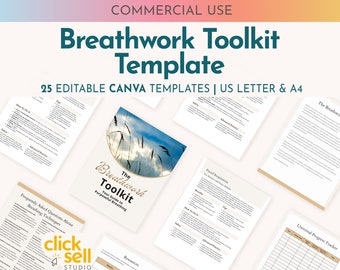 May include: A digital product mockup for a breathwork toolkit template. The image shows a white background with several pages of the toolkit laid out. The pages include titles like "The Breathwork Toolkit", "Frequently Asked Questions About Breathing Techniques", and "Universal Progress Tracker". The pages are designed in a minimalist style with a light blue and white color scheme.
