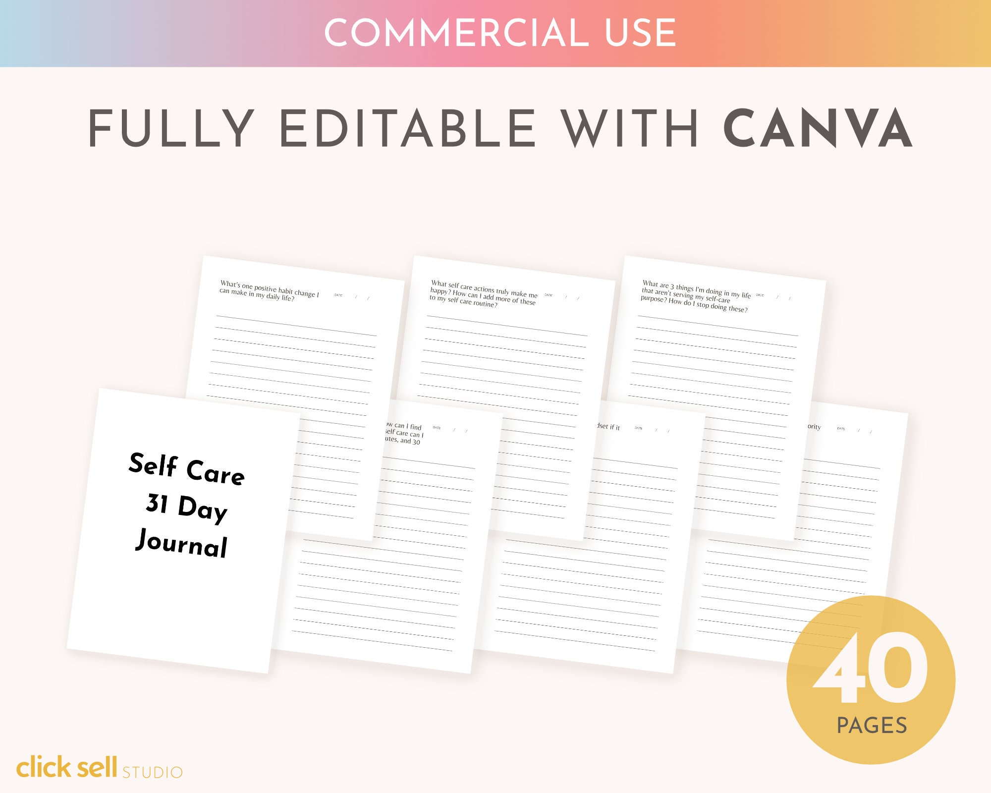 Self Care 31 Day Journal Editable Canva Template COMMERCIAL - Etsy