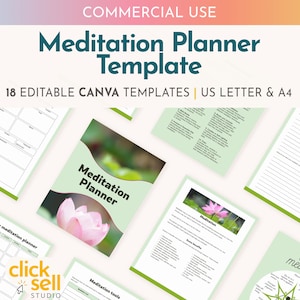 May include: A set of 18 printable meditation planner templates in US Letter and A4 sizes. The templates feature a green and white color scheme with a pink lotus flower design. The text on the templates includes "Meditation Planner", "Weekly Meditation Planner", "Meditation Tools", and "Why Meditate?"